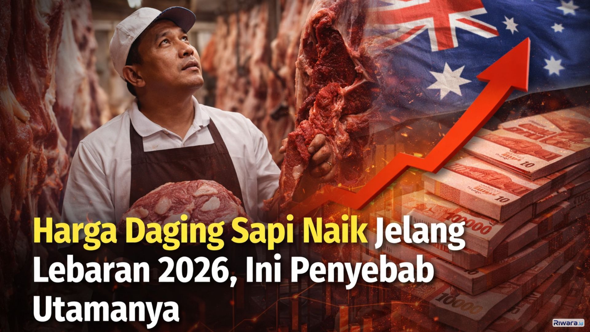 Ilustrasi Pedagang daging sapi di pasar tradisional menyiapkan dagangan di tengah kenaikan harga jelang Lebaran 2026, dipicu lonjakan harga impor sapi dari Australia dan pelemahan nilai tukar rupiah.